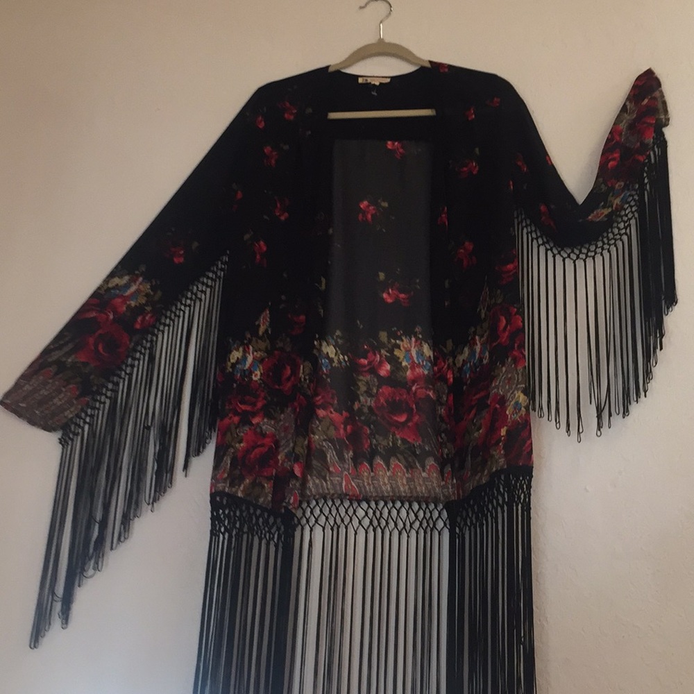 Black boho kimono with beautiful rose print